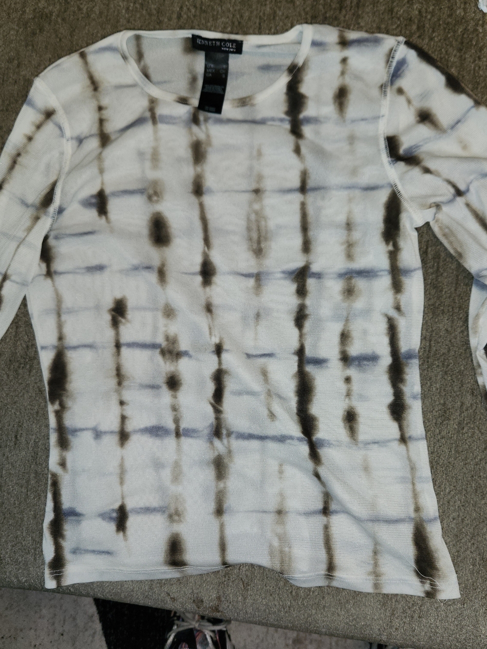 Kenneth Cole White Tie-Dye Almost Sheer Long Sleeve Tee S
